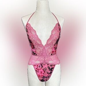 In Bloom Floral Lace Halter Teddy in Rose Pink